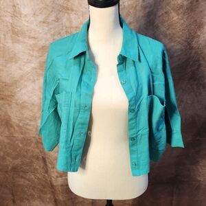 Cropped Linen Button-Front Shirt – Green – Size L